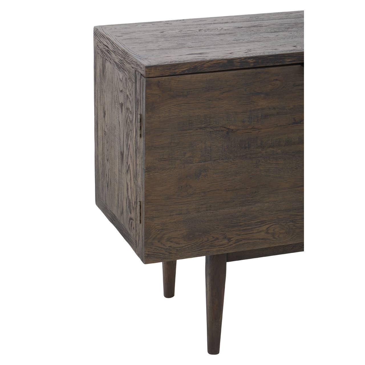 Dark wood sideboard cabinet with tapered legs and textured grain, angled front view