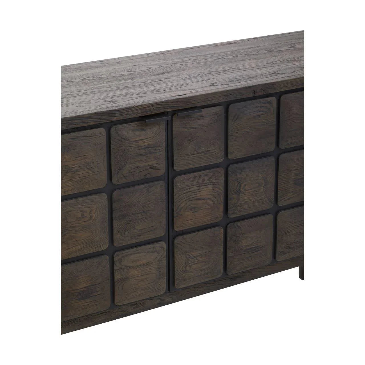 Dark wood sideboard with textured square panel cabinet doors, close-up front angle