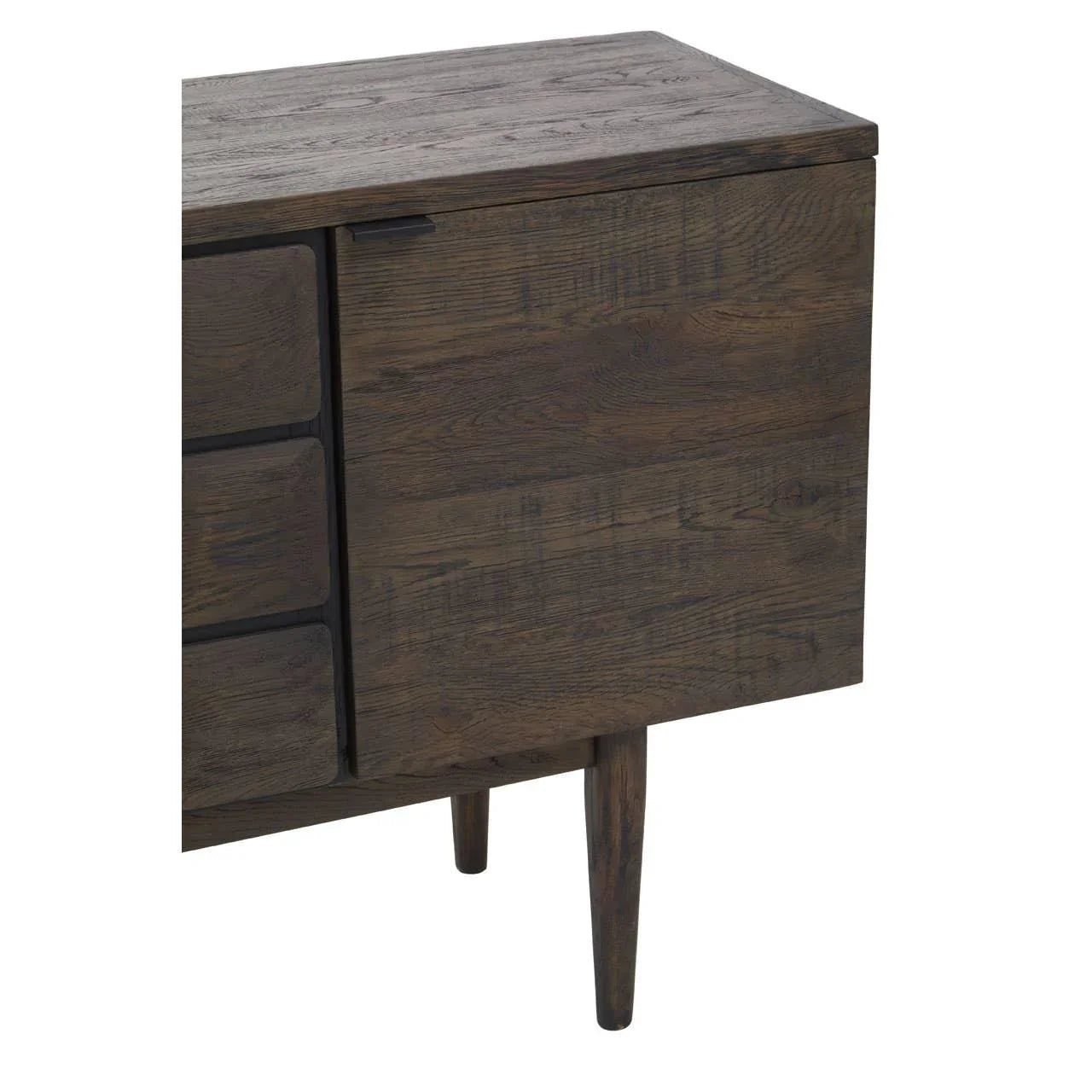 Closeup of dark wood sideboard with tapered legs and flat handle detail