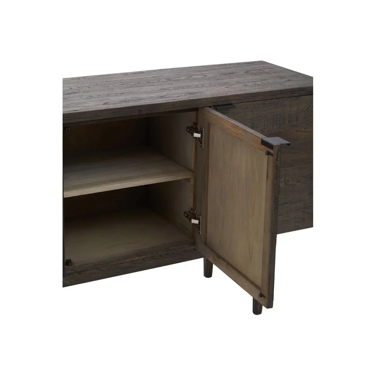 Wooden sideboard with open cabinet door revealing two interior shelves