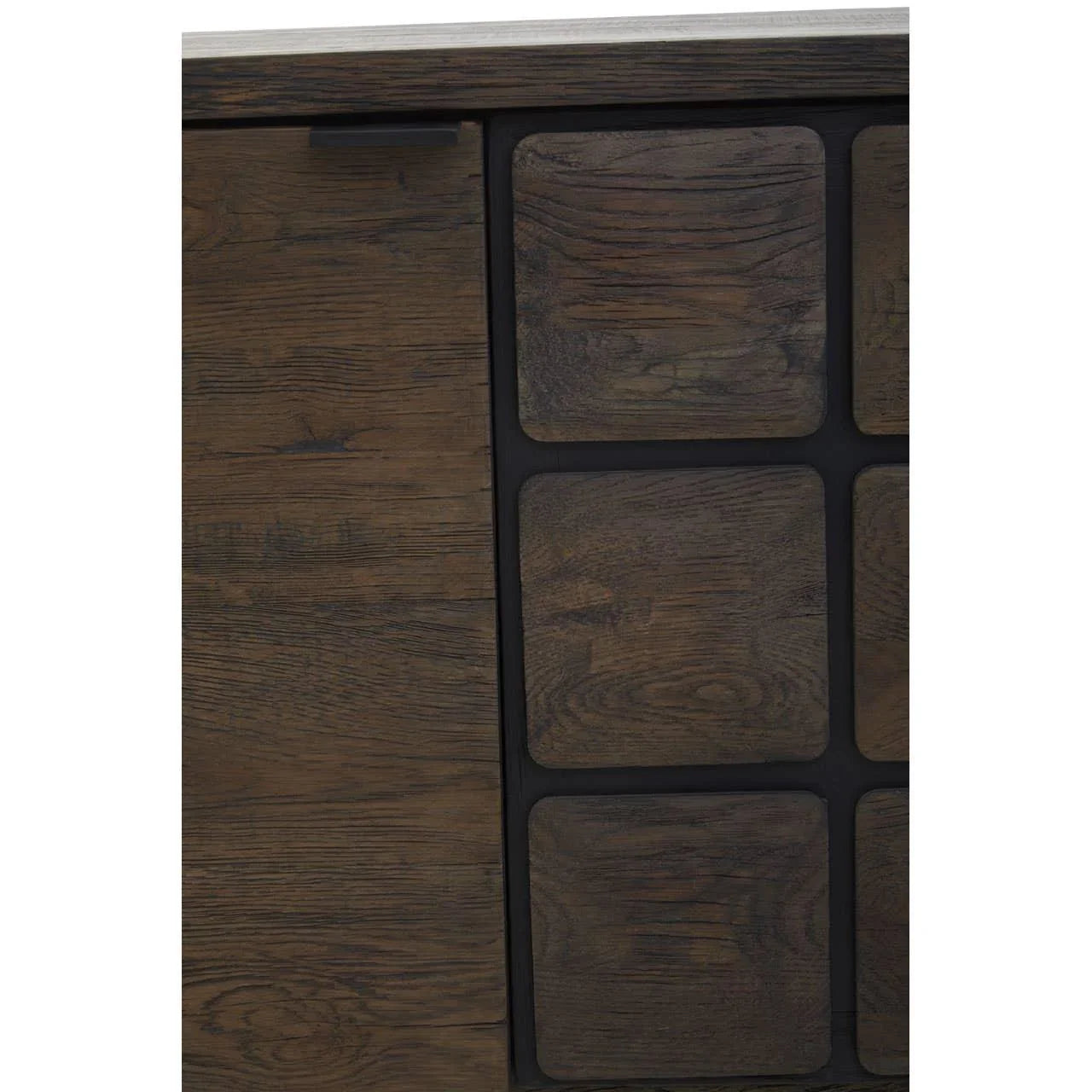 Close-up of dark wood cabinet door with textured square panel design