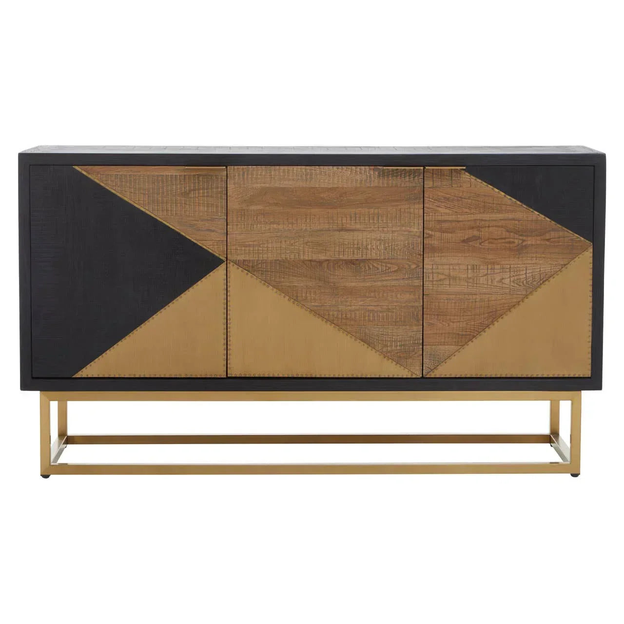 Geometric wood sideboard with black, gold, and natural panels on gold metal base