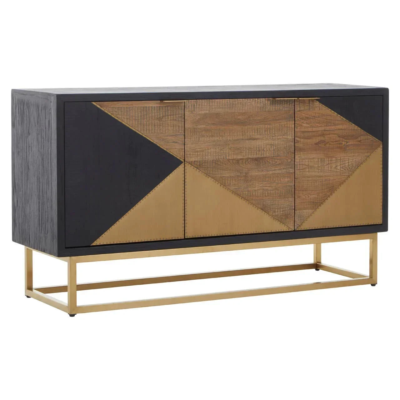 Geometric wood sideboard with black, gold, and natural panels on a gold metal base