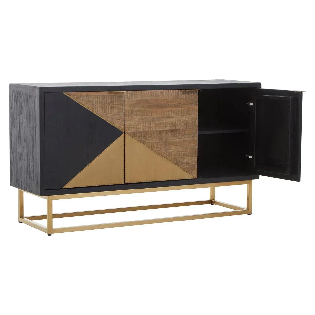 Geometric sideboard with black, gold, and wood finish on gold metal legs, cabinet open