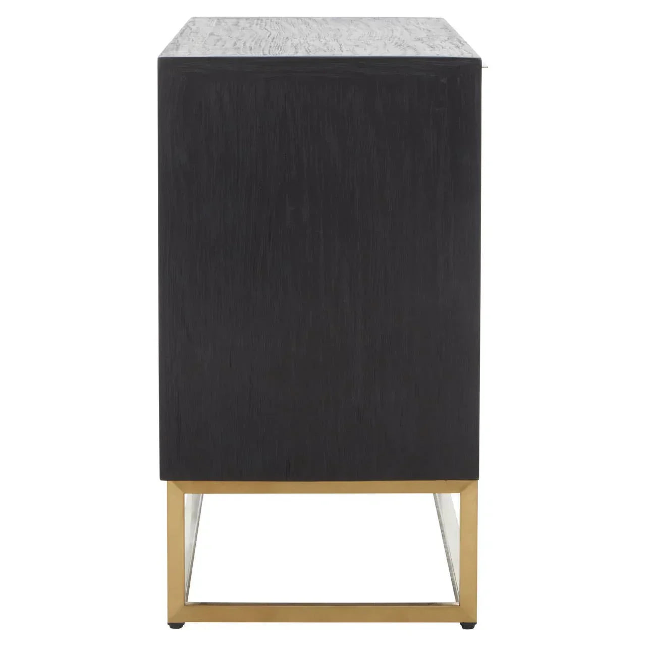 Side view of black wood sideboard with gold metal base