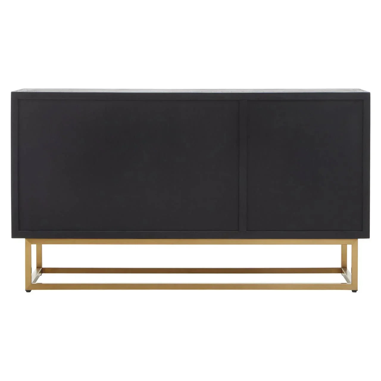 Black sideboard cabinet with gold metal base and clean modern lines