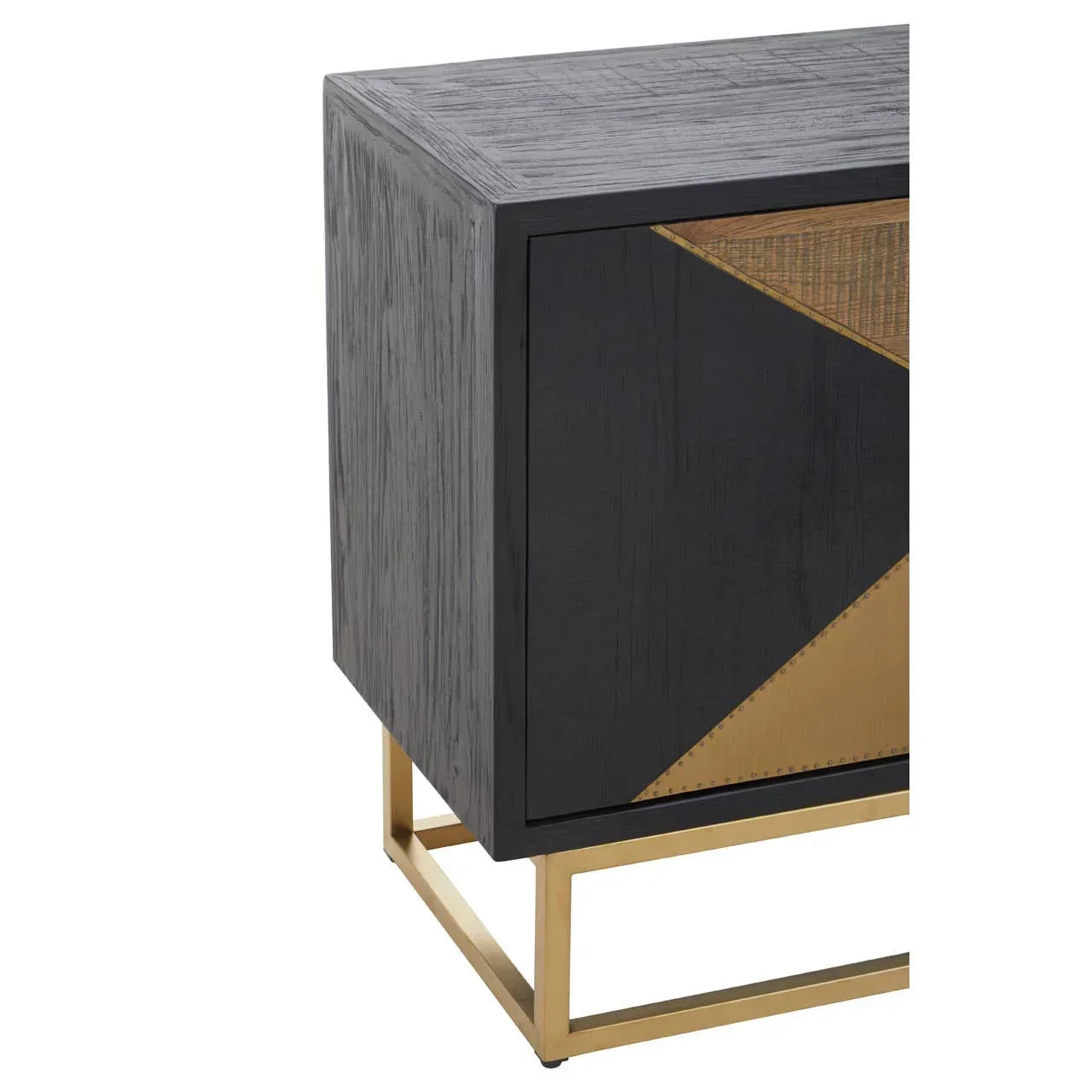 Black and gold sideboard with metal legs and geometric front panel design