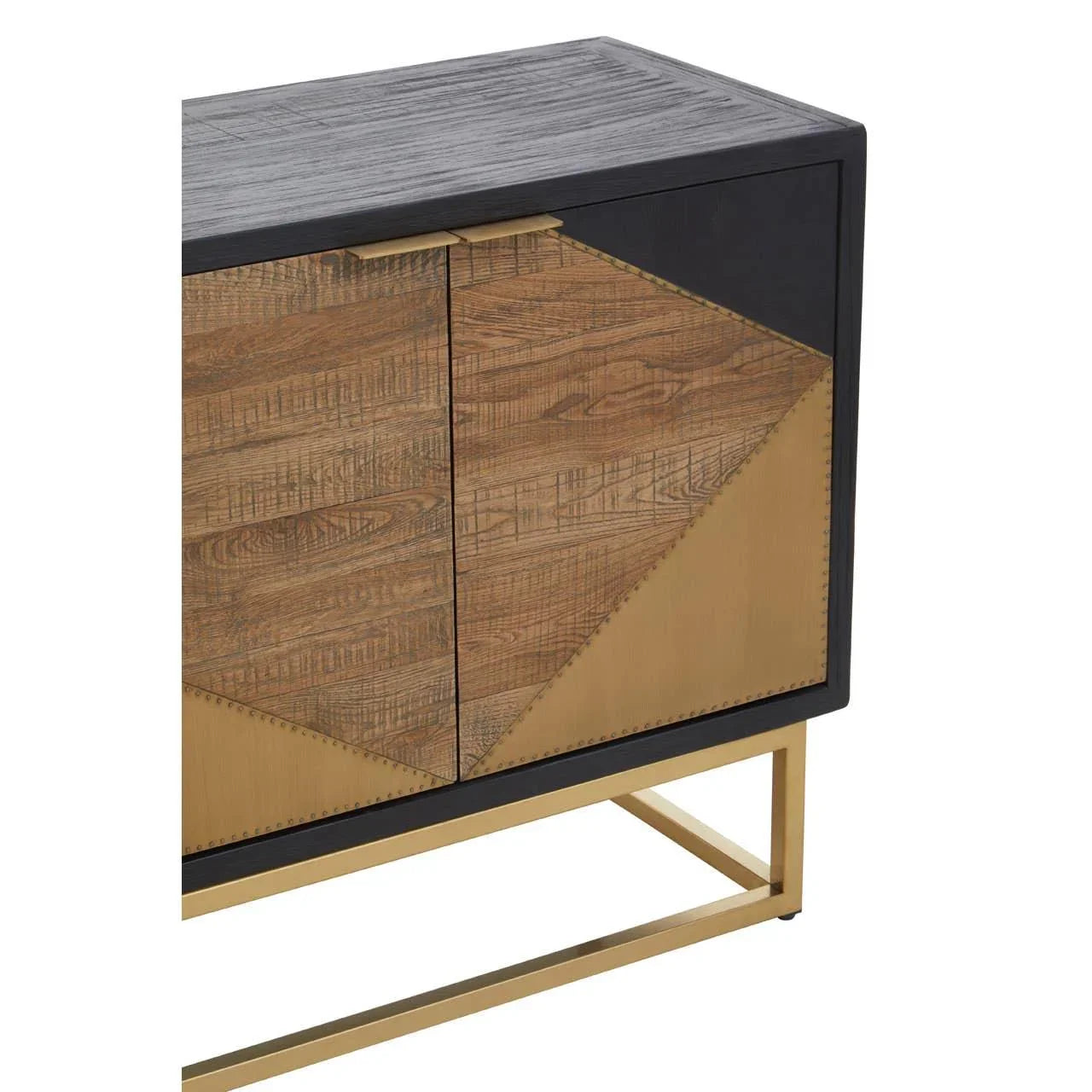 Wood and metal sideboard with geometric pattern and gold frame, partial front view