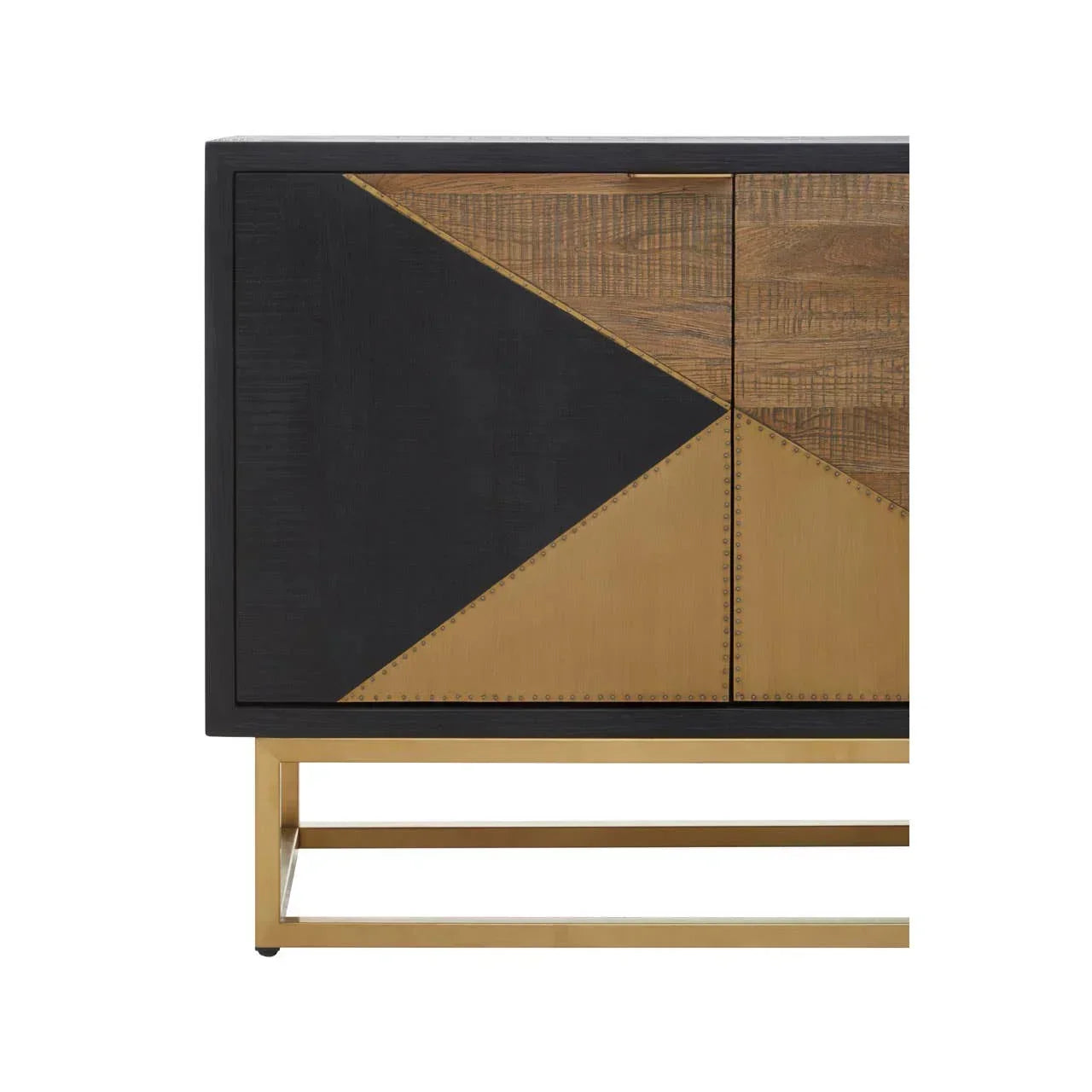 Modern sideboard cabinet with geometric black and gold panels on brushed gold frame