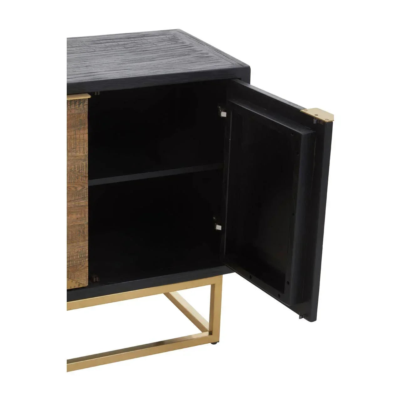 Black wooden sideboard cabinet with open door, gold metal base, and interior shelf