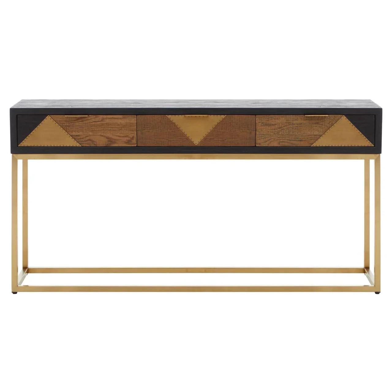Geometric wood and metal console table with gold legs and patterned drawer fronts