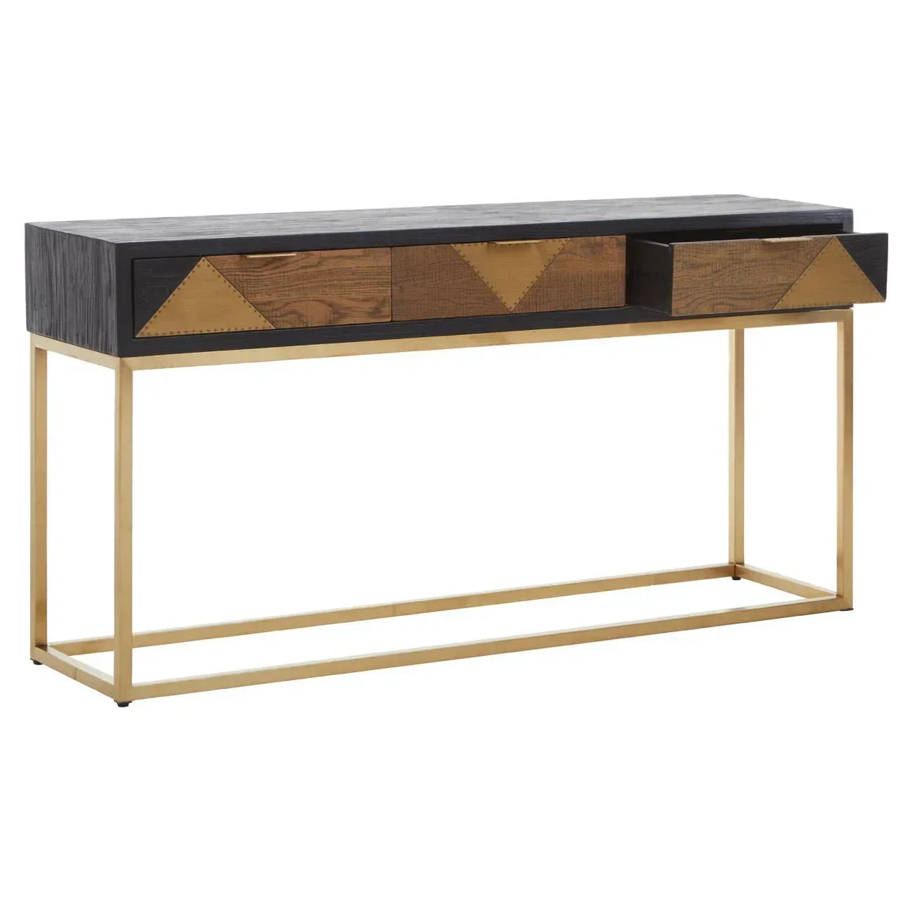 Modern console table with gold metal frame and geometric wood drawers