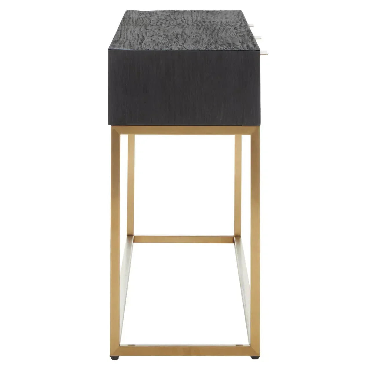 Side view of console table with dark wood top and gold metal frame