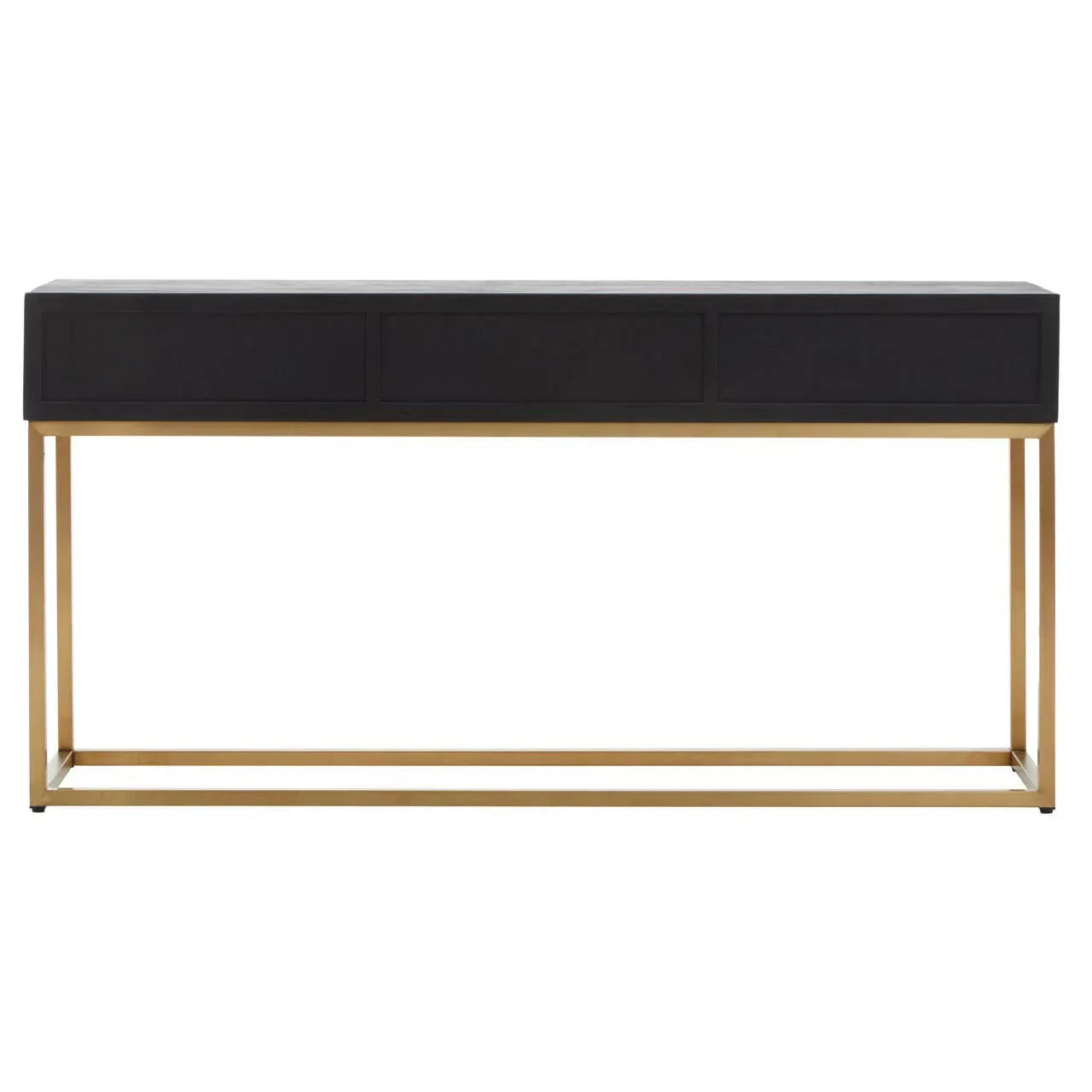 Black console table with gold metal frame and three front drawers