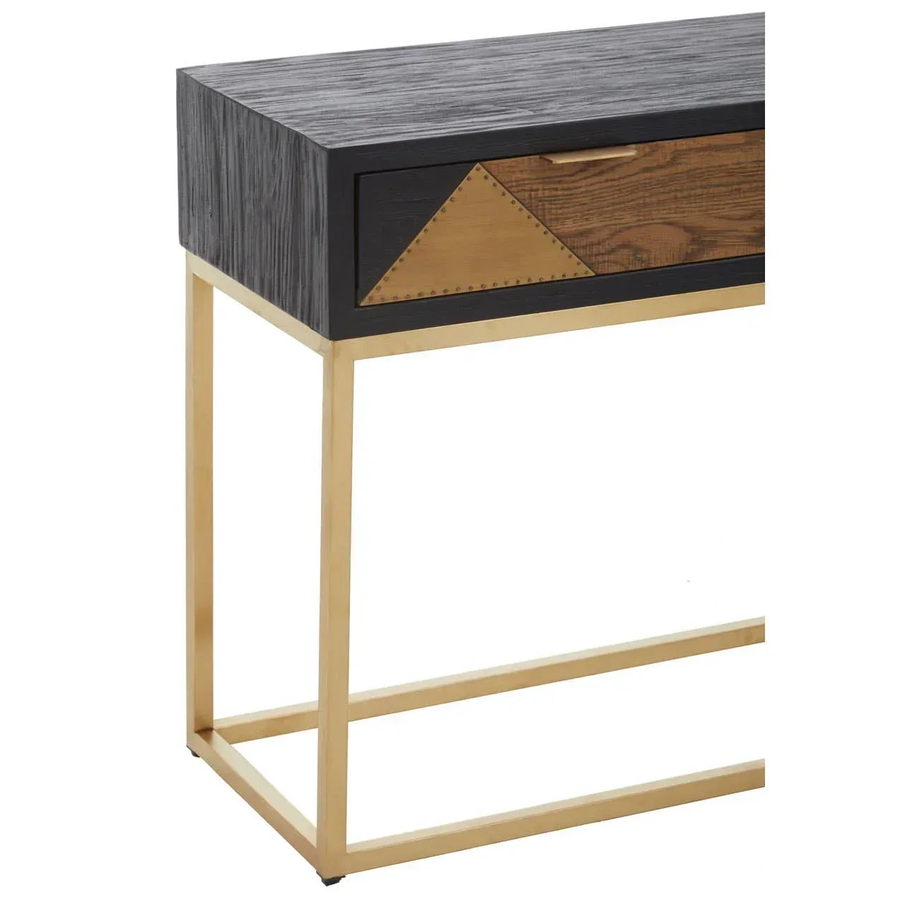 Modern console table with black wood top, gold metal frame, and geometric drawer detail