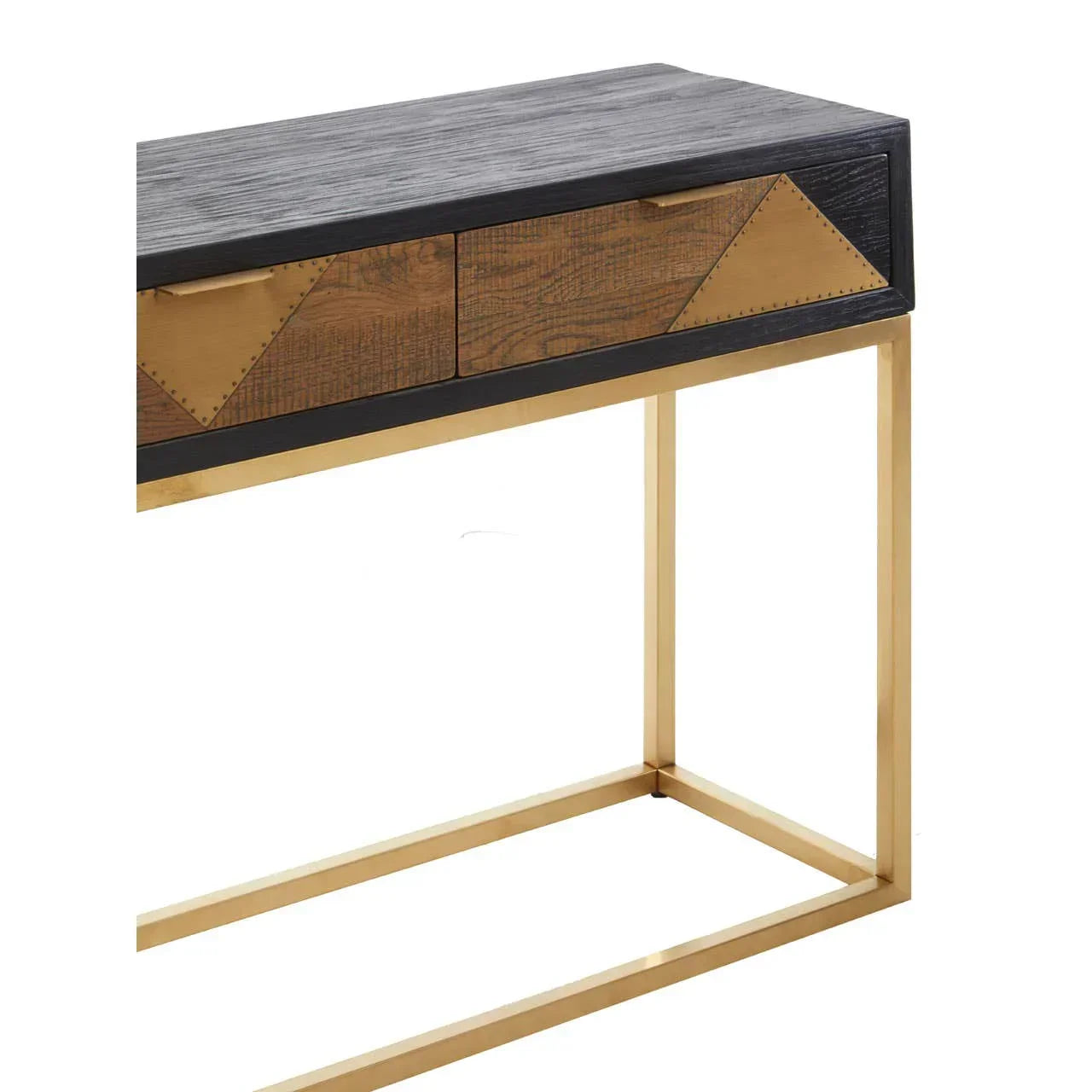 Modern console table with gold metal legs, wood drawers and geometric brass accents