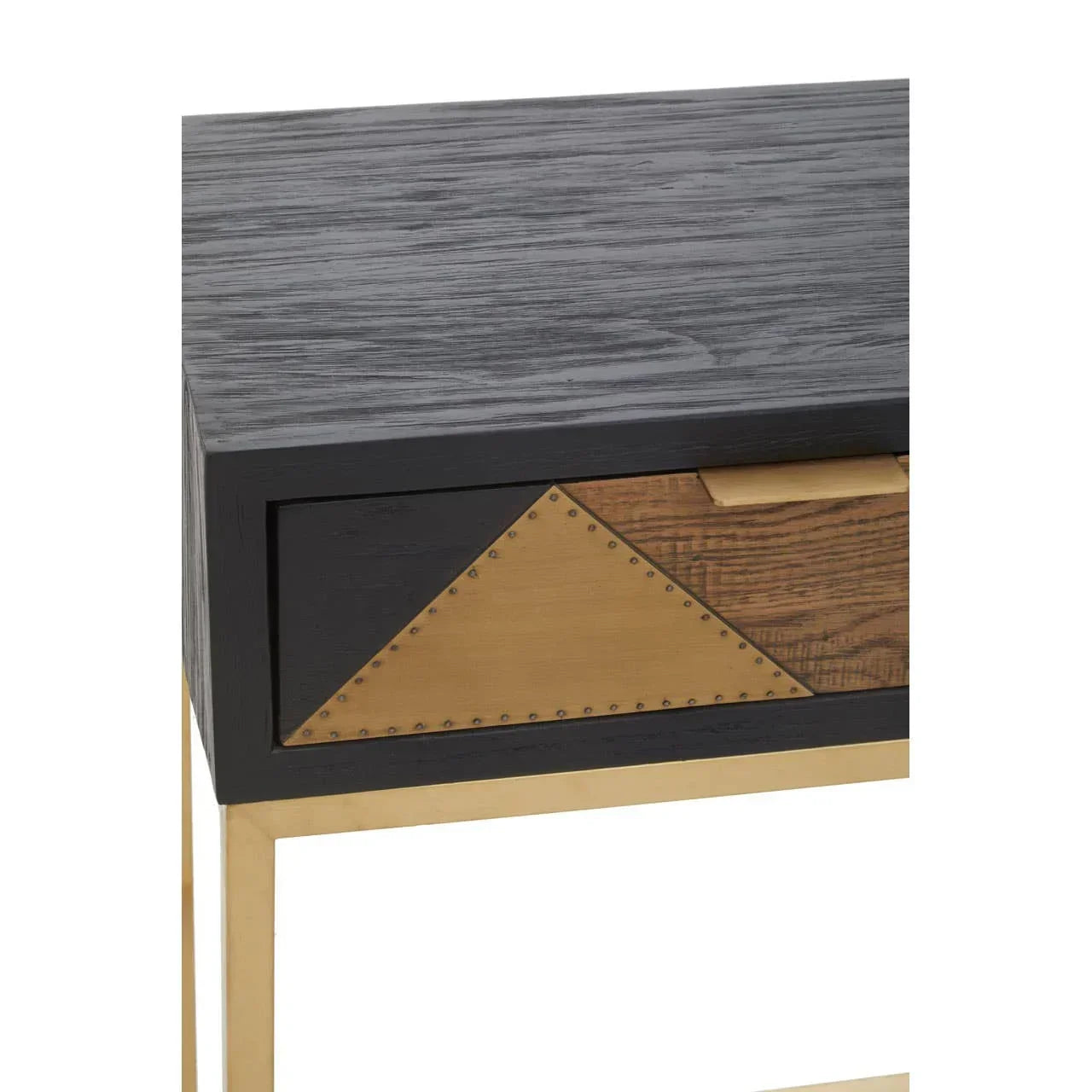 Black and gold accent table with geometric drawer front and brass legs