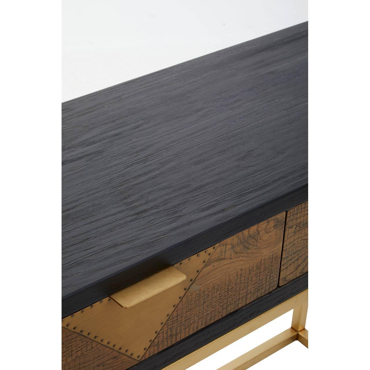 Black wood console table top with gold handle and geometric wood front detail