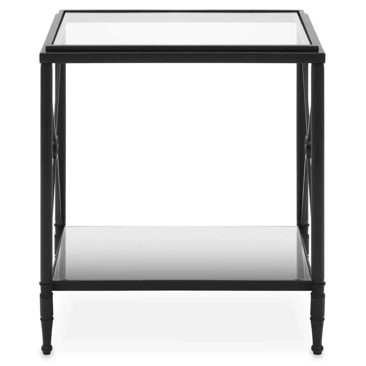 Black metal frame glass side table with lower shelf, front view