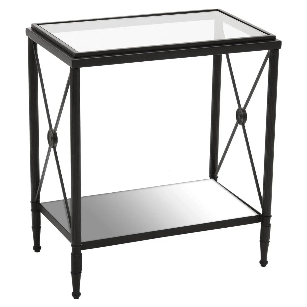 Black metal side table with clear glass top and mirrored lower shelf