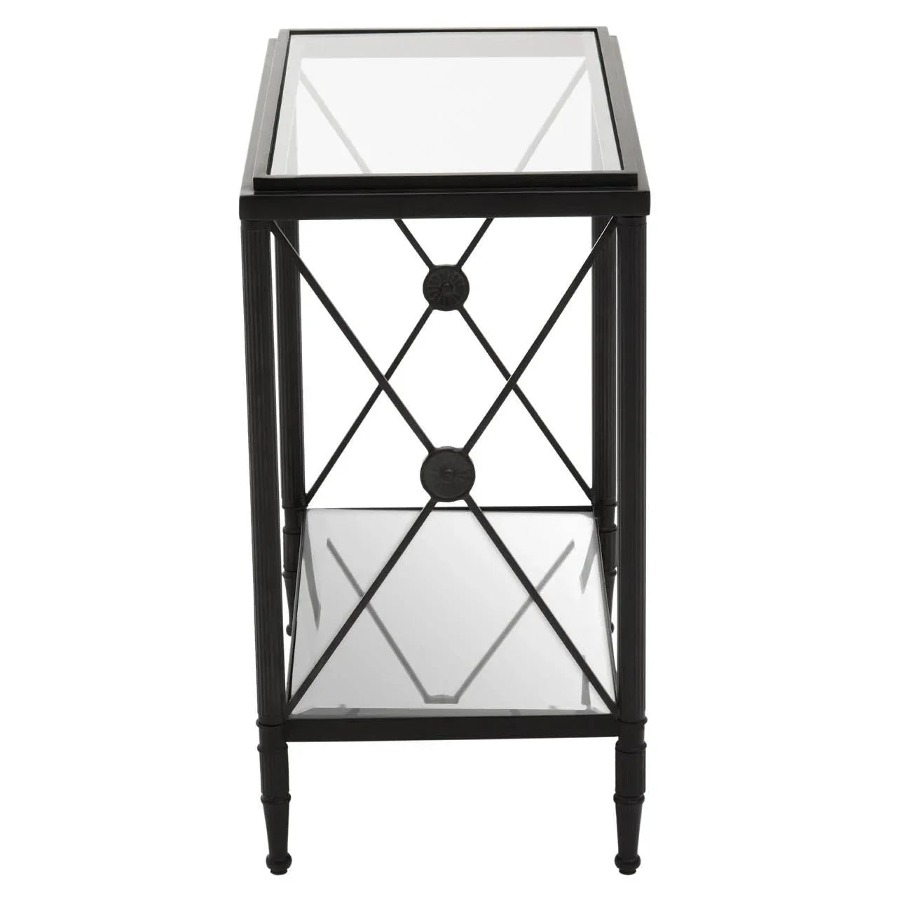Black metal and glass side table with decorative crossbar design and two glass shelves