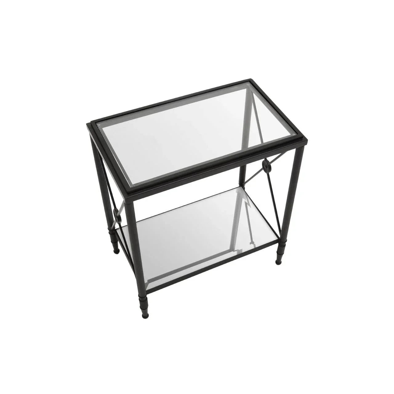 Black metal and glass side table with lower shelf, photographed from above