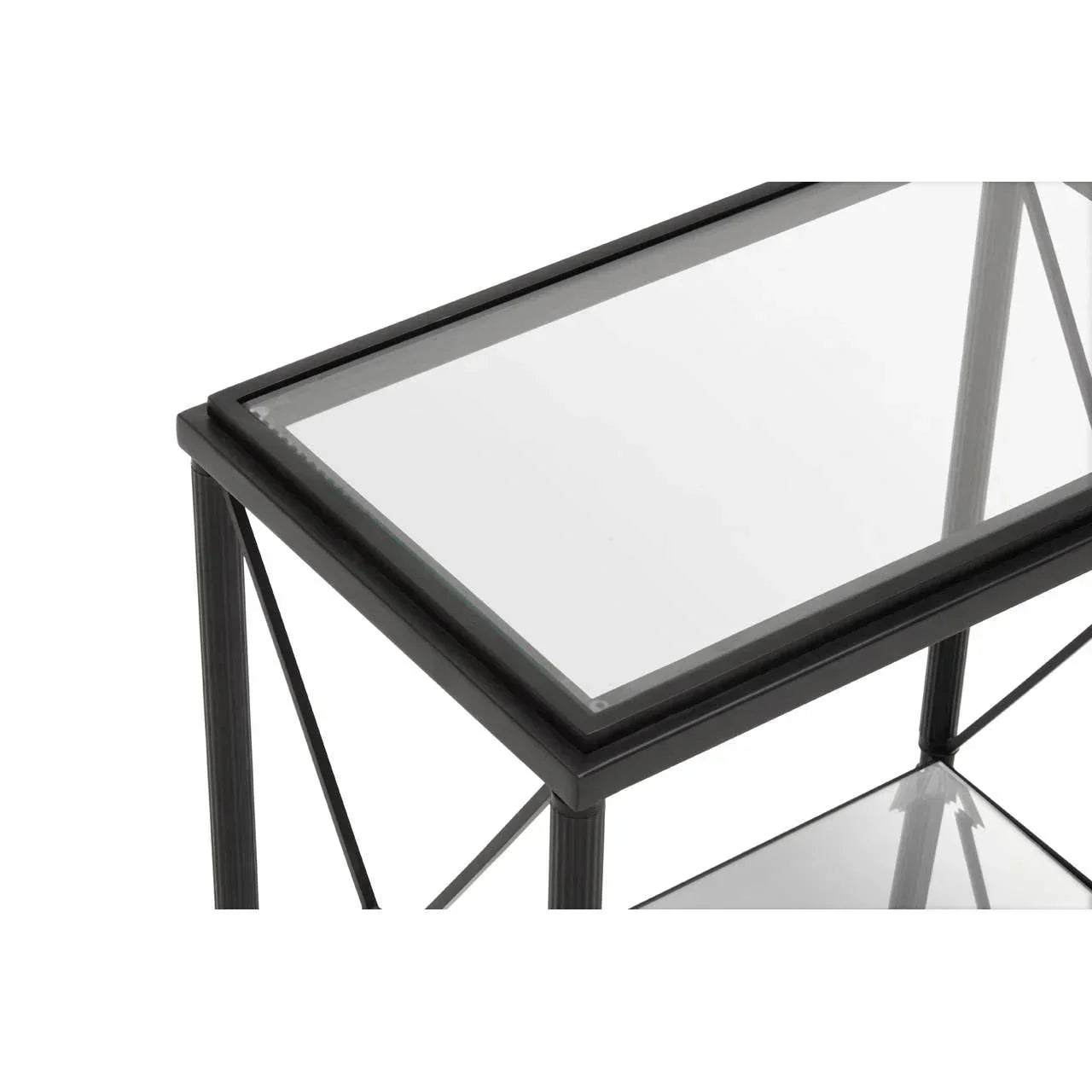 Black metal console table with glass top and shelf, corner angle view