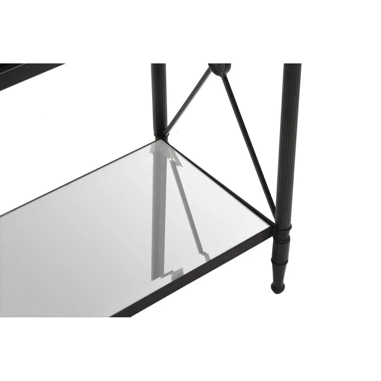 Black metal console table with glass shelf and decorative frame detail