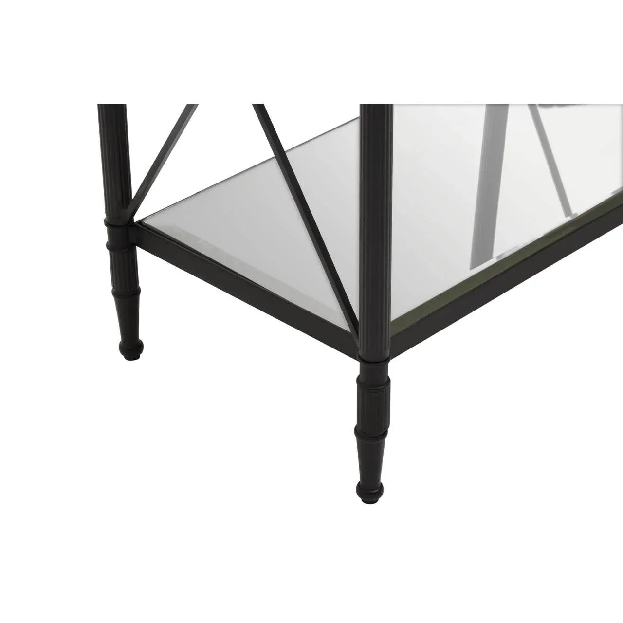 Black metal console table leg and glass shelf closeup