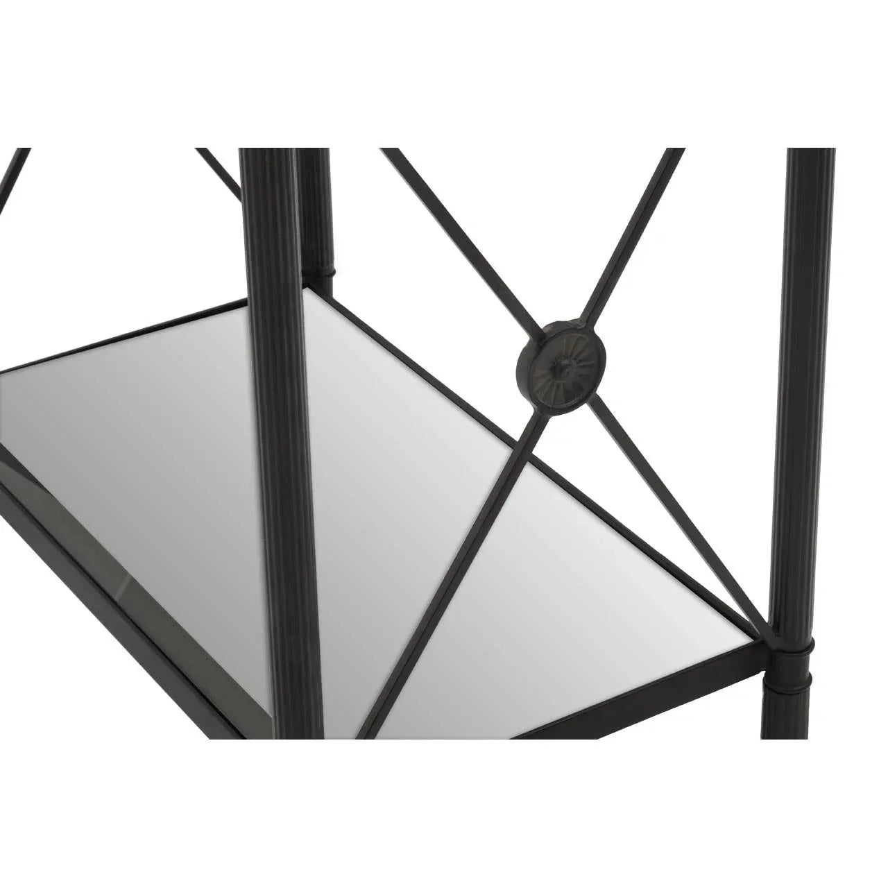 Closeup of black metal console table frame with mirrored shelf and decorative crossbars