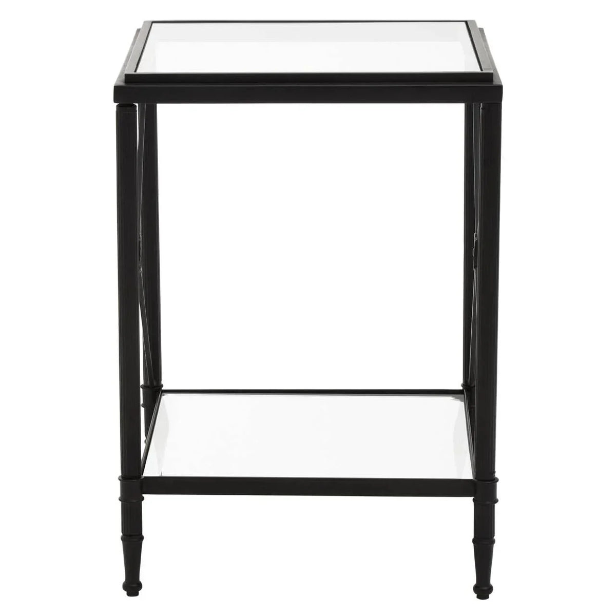 Black metal and glass side table with lower shelf, shown from front