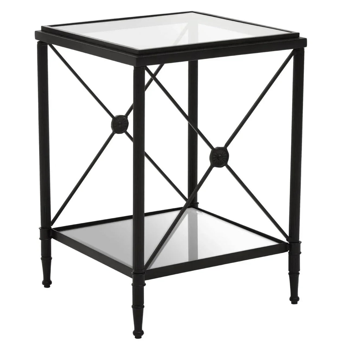 Black metal and glass side table with lower shelf and decorative X-frame design