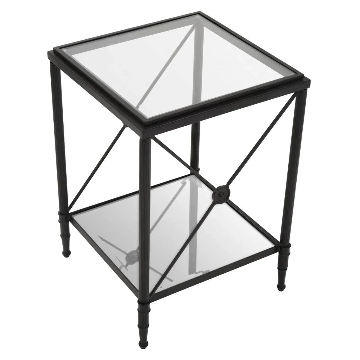 Black metal and glass side table with lower shelf and crossbar frame design