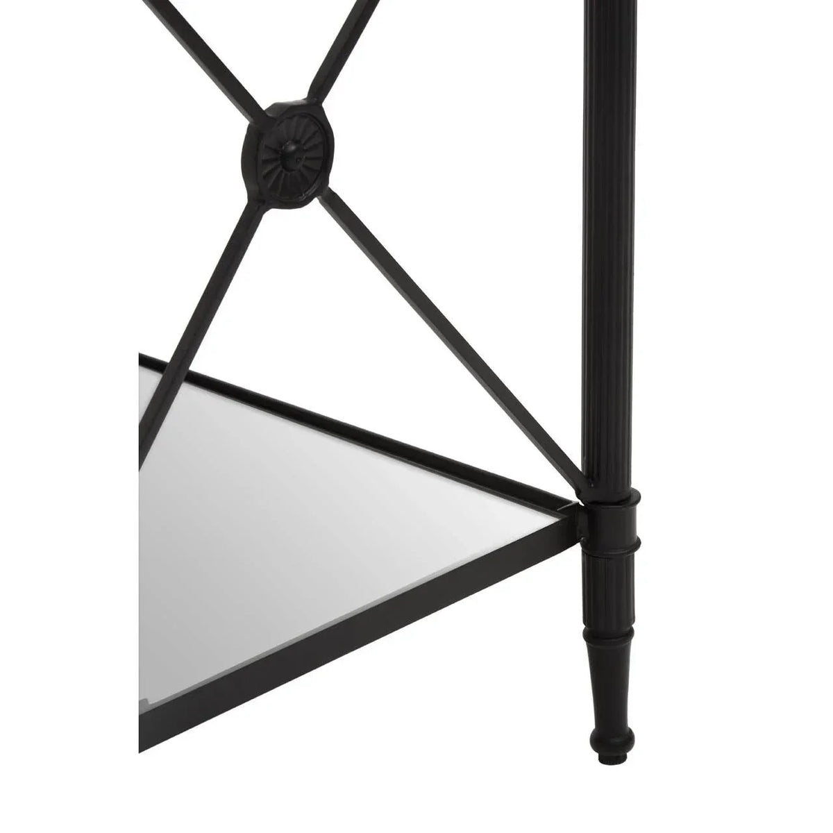 Close view black metal table leg with decorative cross detail and mirrored lower shelf
