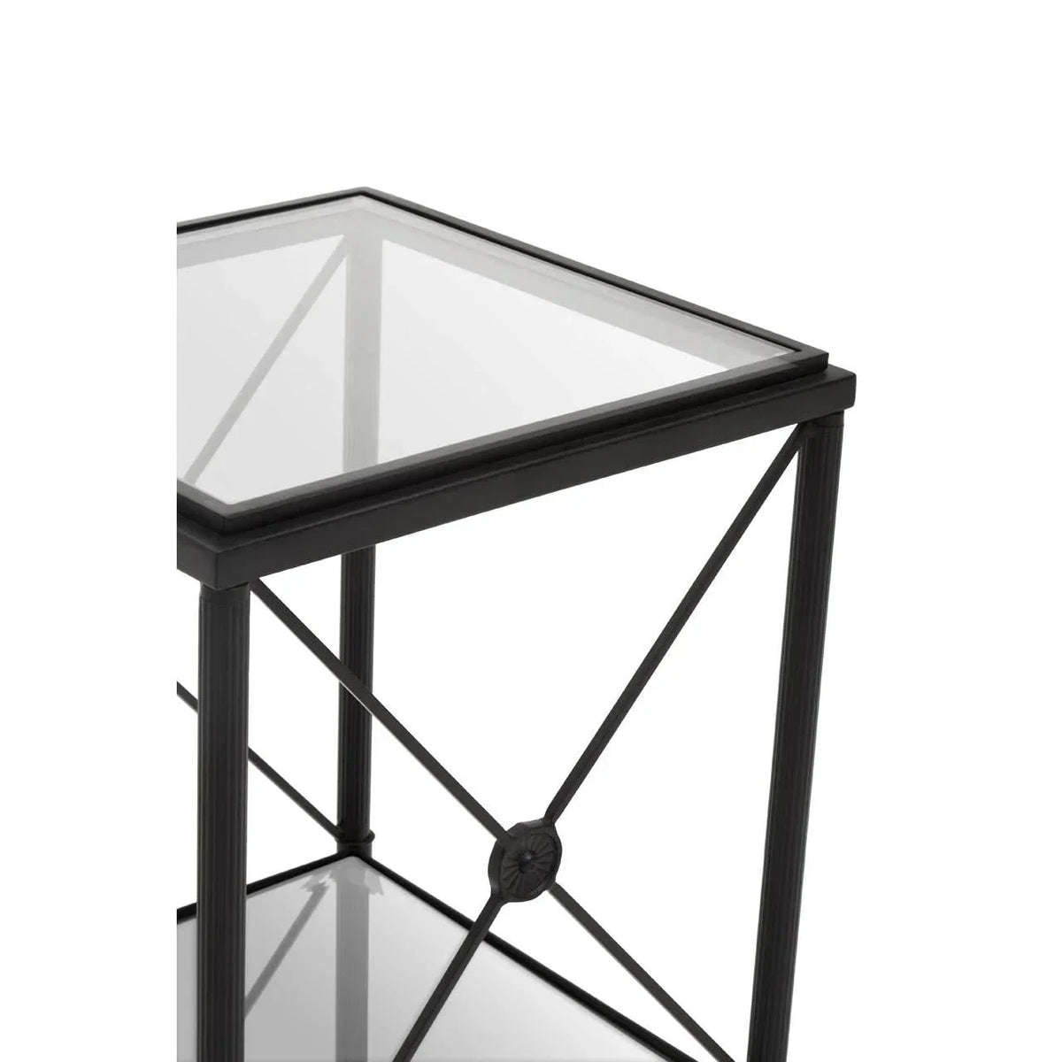 Black metal and glass side table with X-frame detail, close-up of corner and shelves