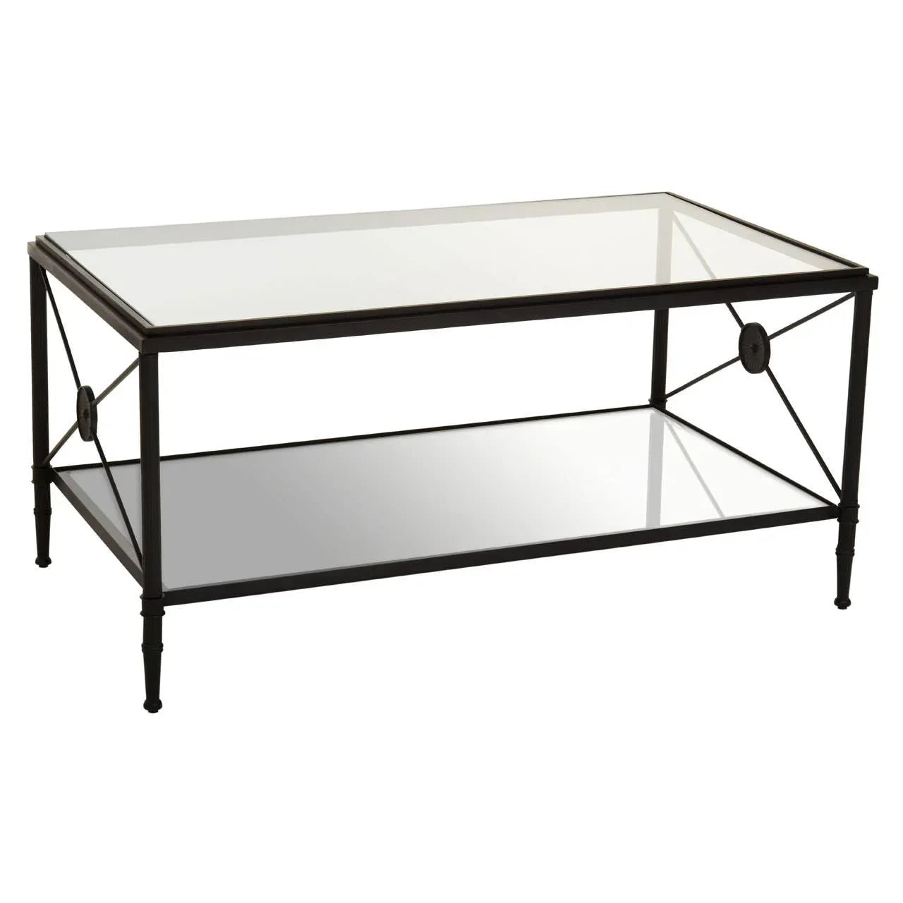 Rectangular glass coffee table with black metal frame and lower glass shelf
