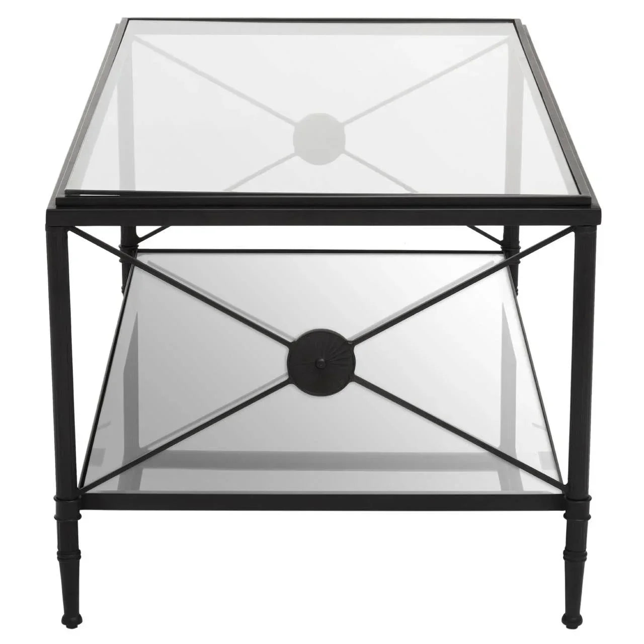 Black metal and glass coffee table with lower shelf and decorative X frame design