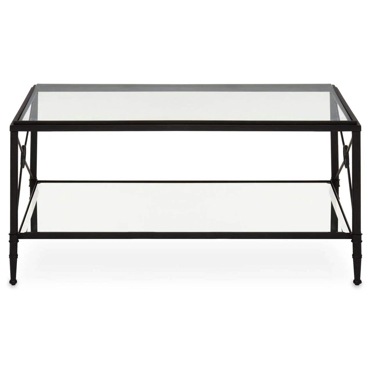 Black metal and glass coffee table with lower shelf and square frame