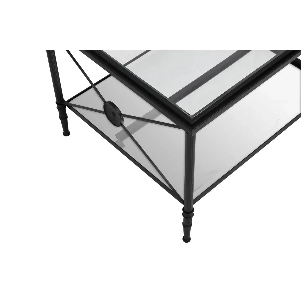 Black metal and glass coffee table corner with geometric frame detail