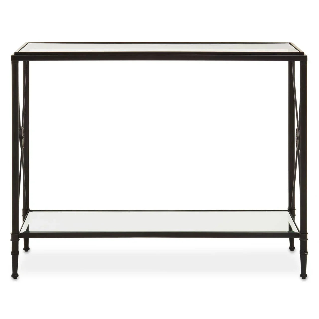 Black metal console table with glass top and lower shelf, front view