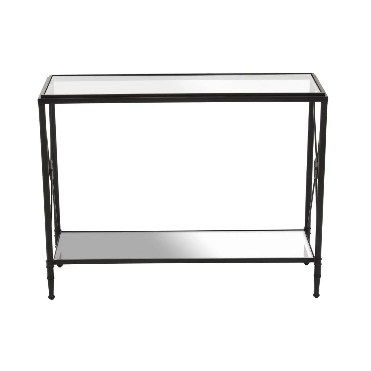 Black metal console table with clear glass top and lower shelf, front view