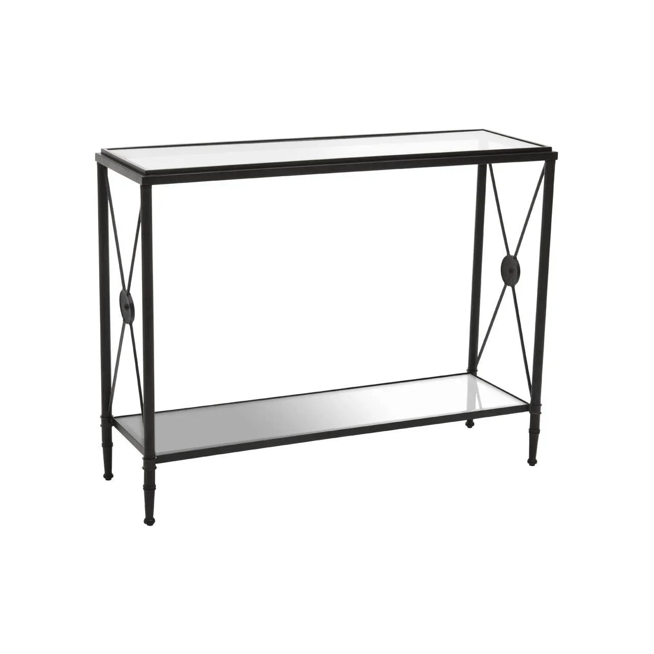 Black metal console table with glass top and lower shelf, open frame design