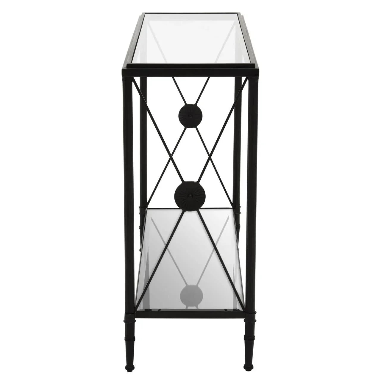 Side angle of black metal and glass console table with decorative circular accents