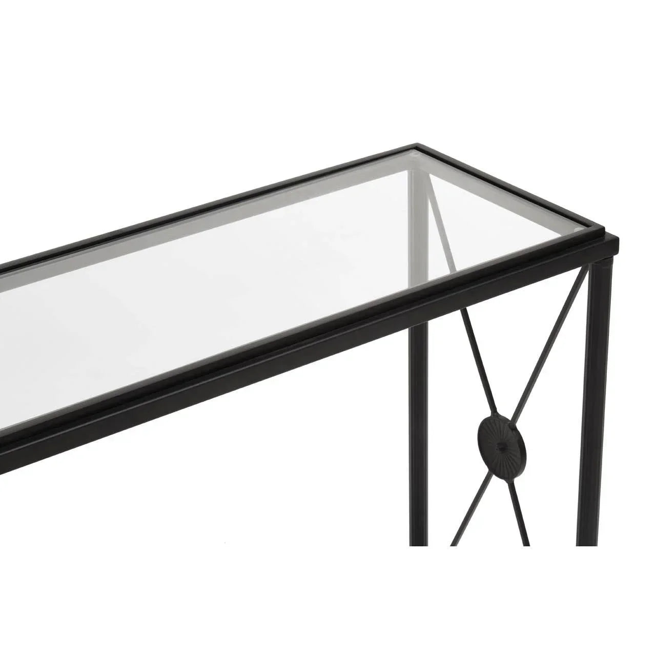 Black metal console table with glass top and decorative leg detail