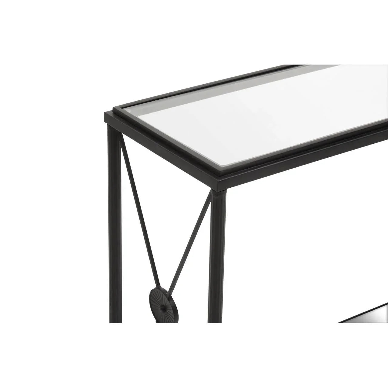 Black metal console table with glass top and decorative circular side detail