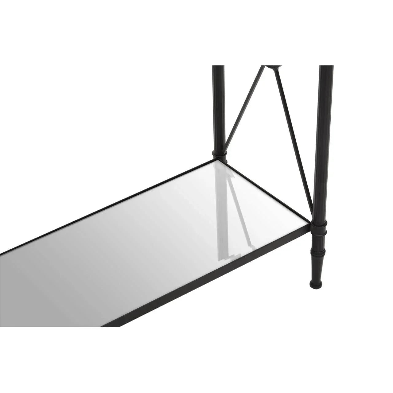 Black metal furniture frame with clear glass shelf and crossbar support detail