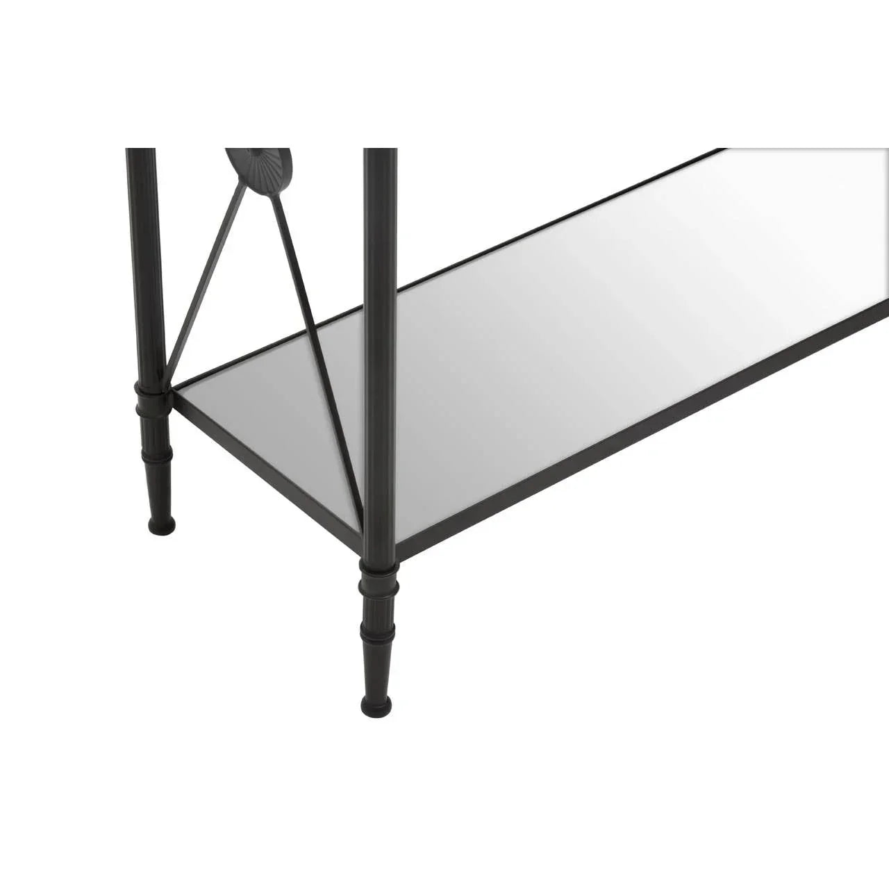 Black metal console table leg with lower glass shelf and support detailing