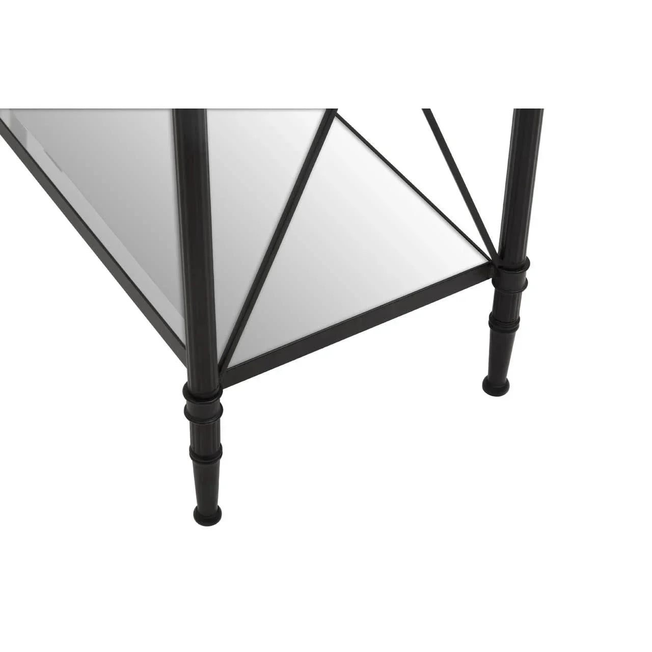 Black metal furniture leg with mirrored glass shelf detail