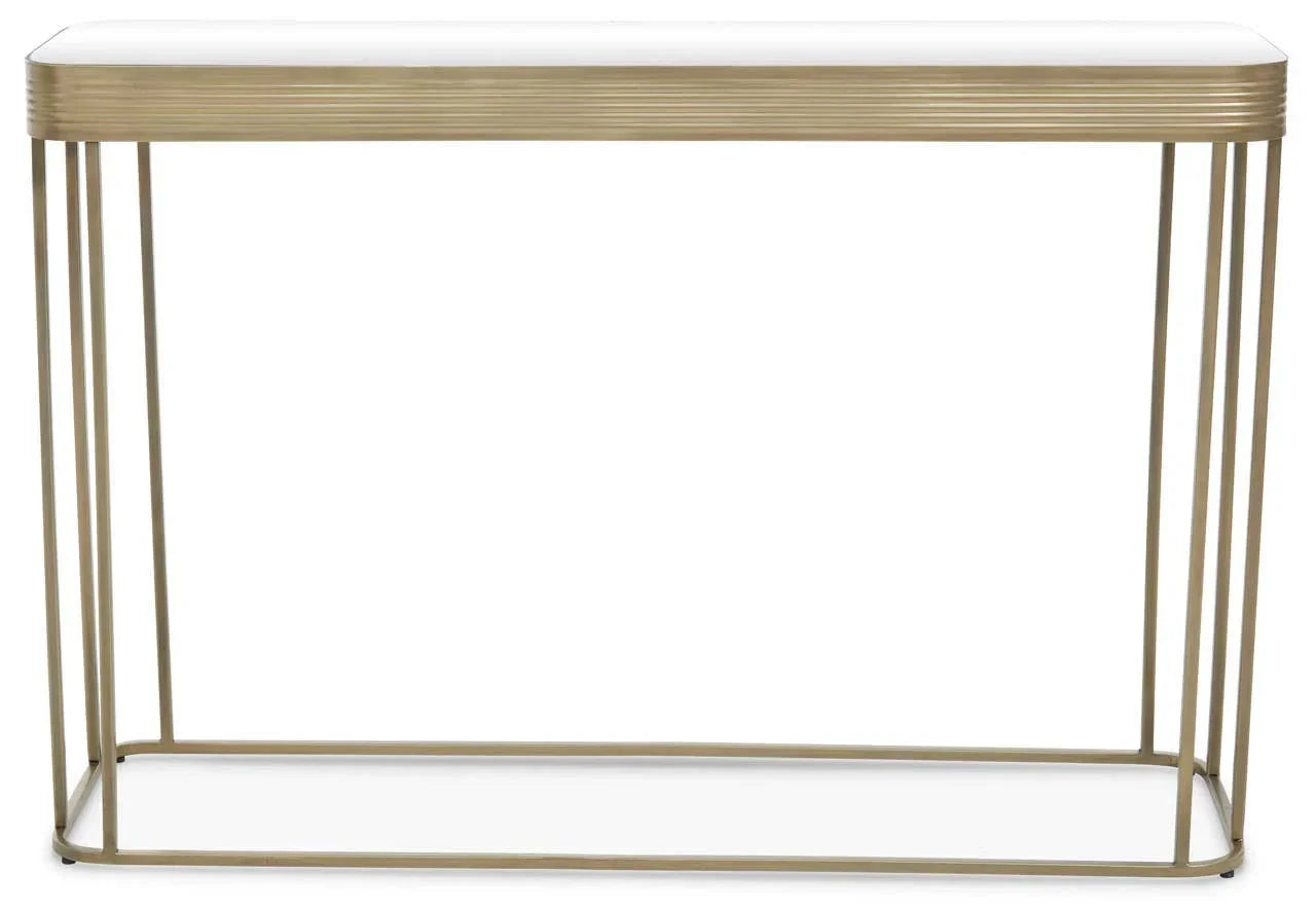 Gold metal console table with white top and slim frame