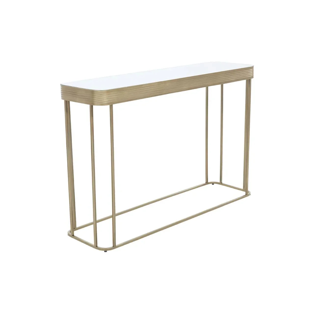 Modern console table with white top and gold metal frame, side view